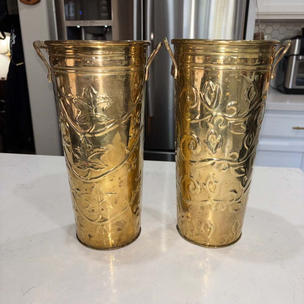 Vintage Hosley French Brass Bucket Planter Vases with Embossed Floral/Grapevine